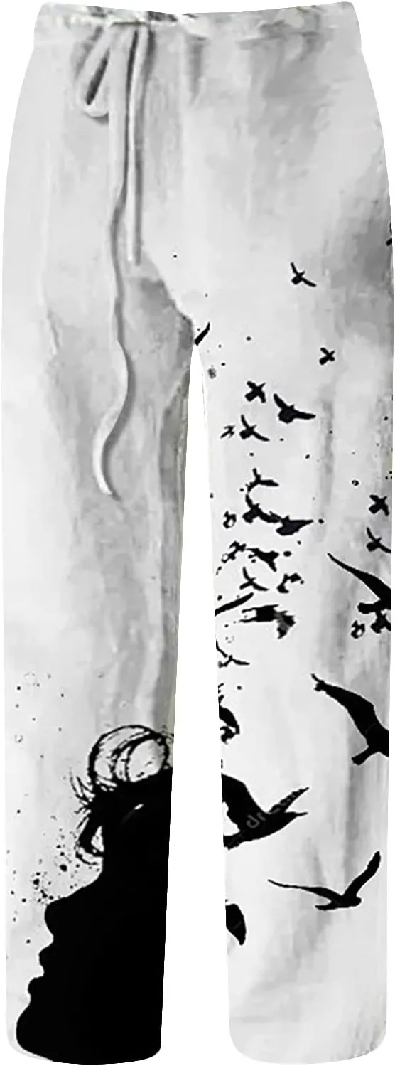 Mens Cotton Linen Drawstring Pants Elastic Waist Casual Jogger Yoga Pants Fashion Printing Oversized Lounge Pants S-5XL