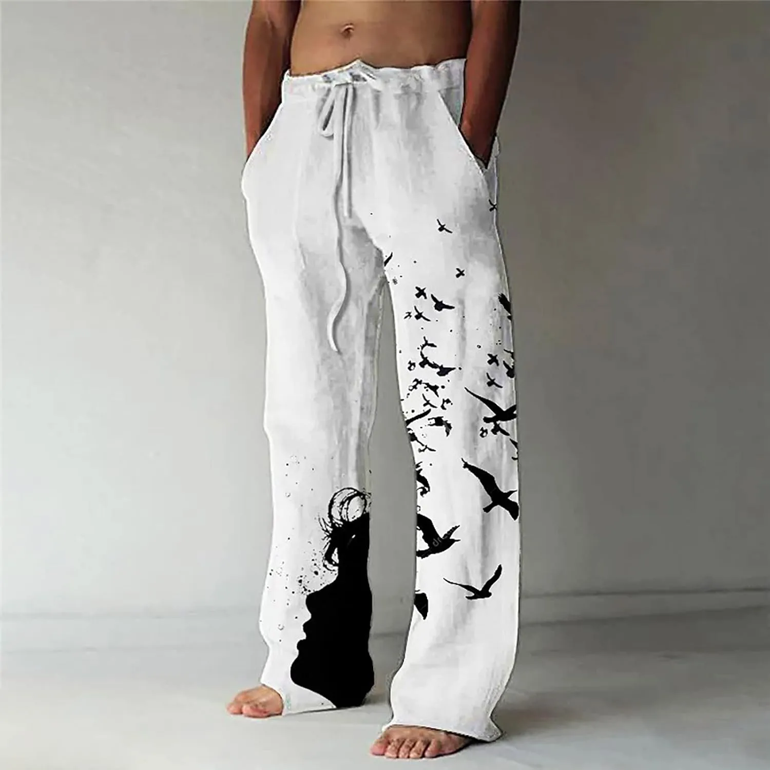 Mens Cotton Linen Drawstring Pants Elastic Waist Casual Jogger Yoga Pants Fashion Printing Oversized Lounge Pants S-5XL
