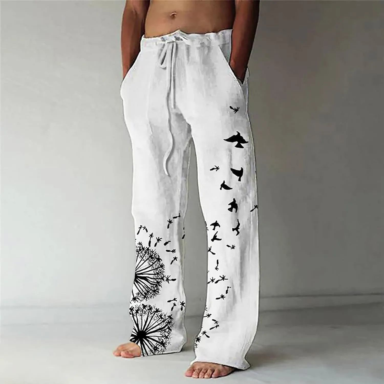Mens Cotton Linen Drawstring Pants Elastic Waist Casual Jogger Yoga Pants Fashion Printing Oversized Lounge Pants S-5XL