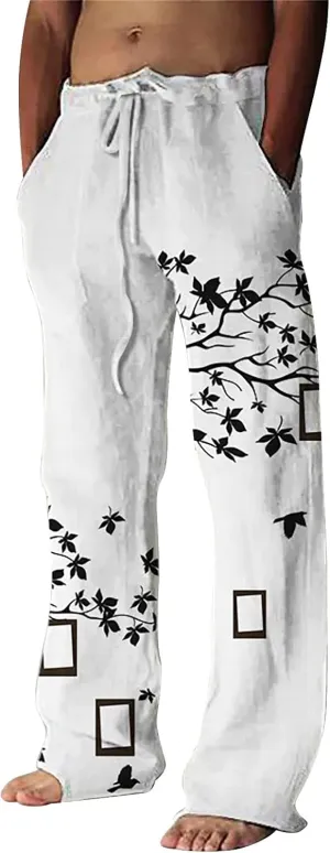 Mens Cotton Linen Drawstring Pants Elastic Waist Casual Jogger Yoga Pants Fashion Printing Oversized Lounge Pants S-5XL
