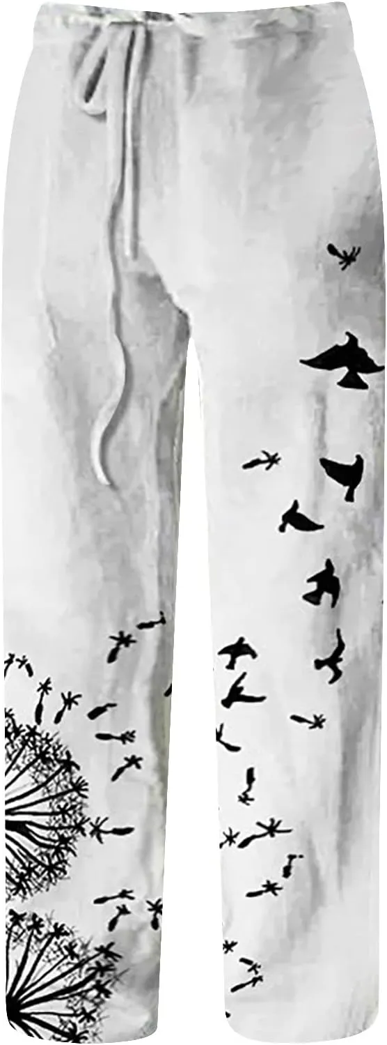 Mens Cotton Linen Drawstring Pants Elastic Waist Casual Jogger Yoga Pants Fashion Printing Oversized Lounge Pants S-5XL