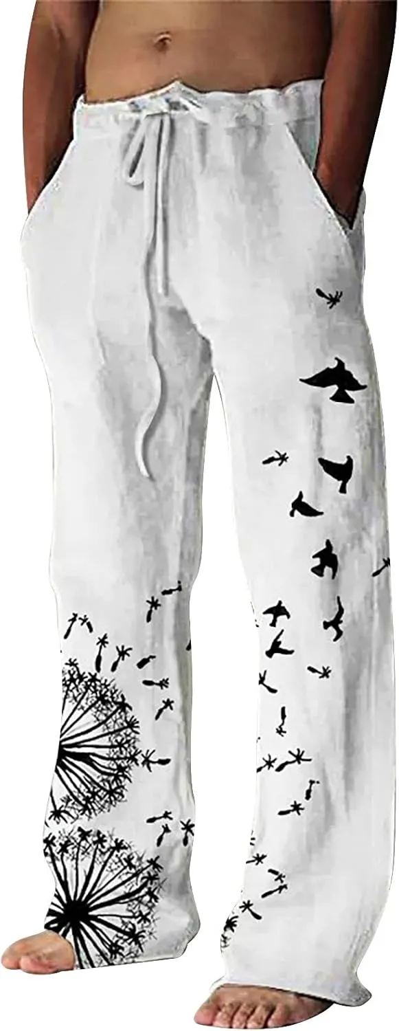 Mens Cotton Linen Drawstring Pants Elastic Waist Casual Jogger Yoga Pants Fashion Printing Oversized Lounge Pants S-5XL