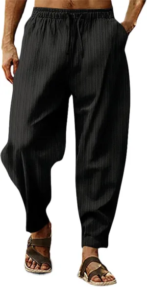 Men's Cotton Linen Harem Pants Loose Elastic Waist Lightweight Yoga Beach Pants Casual Cropped Trousers with Pockets