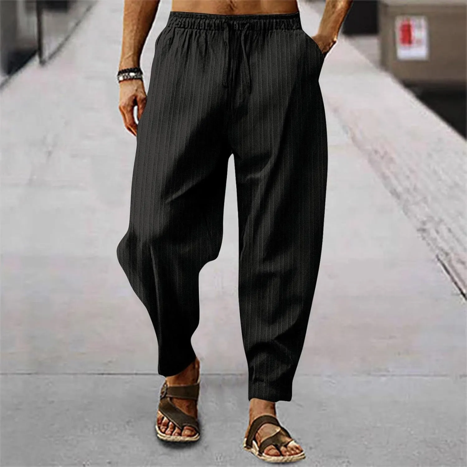 Men's Cotton Linen Harem Pants Loose Elastic Waist Lightweight Yoga Beach Pants Casual Cropped Trousers with Pockets