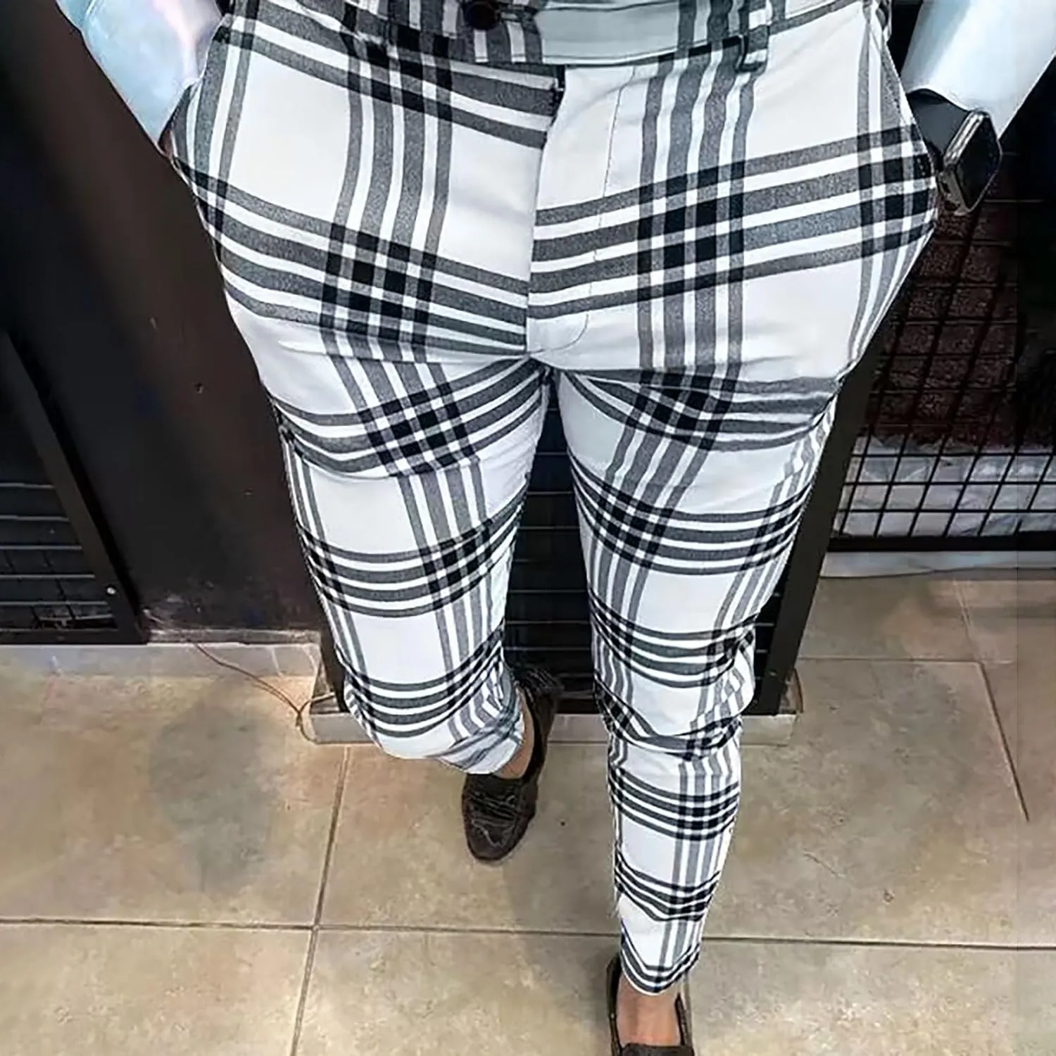 Men's Dress Pants Plaid Skinny Slim Fit Dress Pants Stretch Business Golf Pencil Chinos Pants Trousers