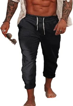 Mens Fashion Cotton Linen Pants Slim Fit Drawstring Lightweight Sweatpants Loose Fit Casual Outdoor Beach Trousers