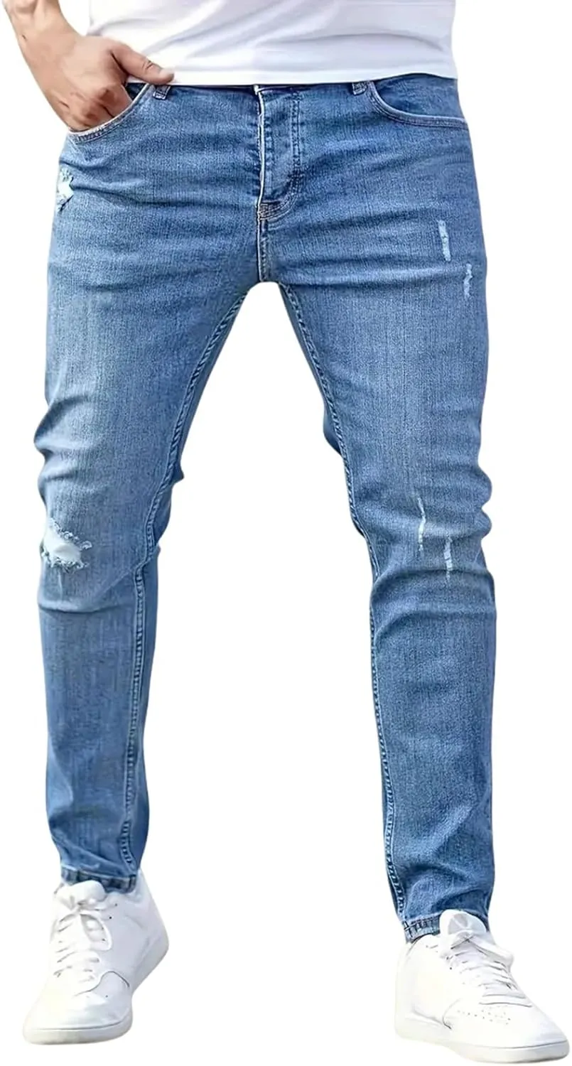 Mens Jeans Stretch Destroyed Ripped Skinny Jeans Slim Fit Denim Pants Comfort Fashion Tapered Pants Boyfriend Gift