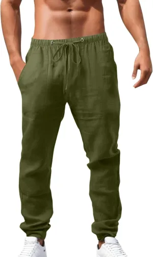 Mens Lightweight Casual Linen Pants Elastic Waist Drawstring Tactical Pants Workout Trousers with Pocket