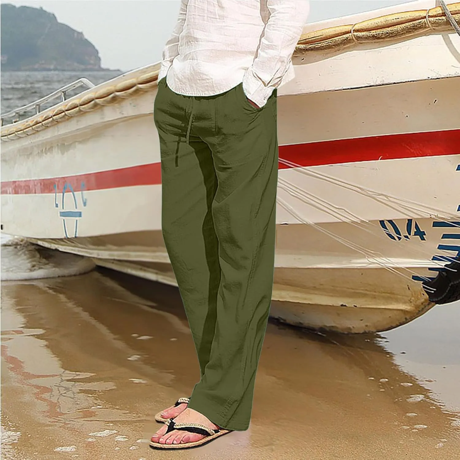 Mens Lightweight Casual Linen Pants Elastic Waist Drawstring Tactical Pants Workout Trousers with Pocket