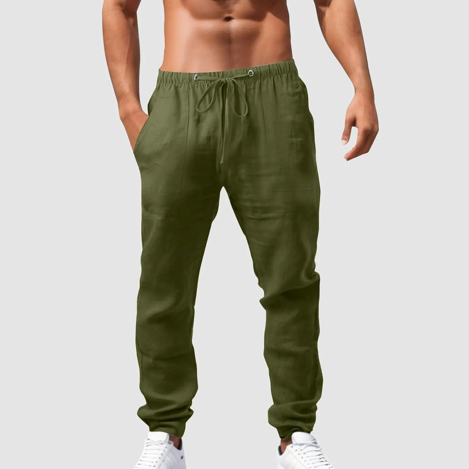 Mens Lightweight Casual Linen Pants Elastic Waist Drawstring Tactical Pants Workout Trousers with Pocket
