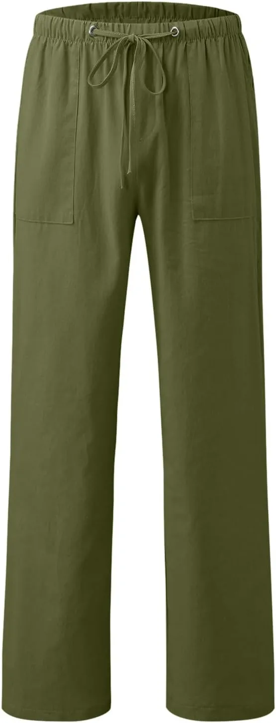 Mens Lightweight Casual Linen Pants Elastic Waist Drawstring Tactical Pants Workout Trousers with Pocket