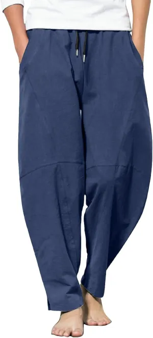 Mens Linen Beach Pants Plus Size Plain Outdoor Casual Pants Vacation Open Bottom Trousers Straight Leg Summer Slacks