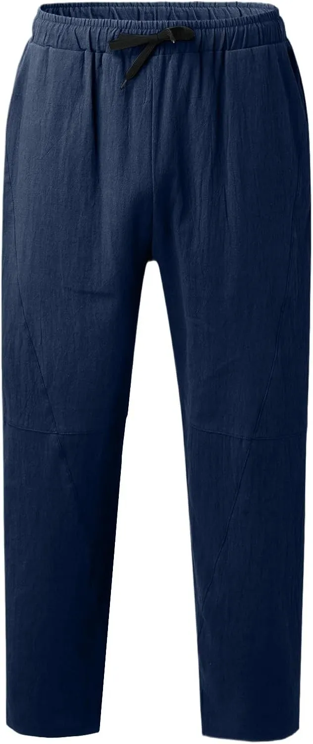 Mens Linen Beach Pants Plus Size Plain Outdoor Casual Pants Vacation Open Bottom Trousers Straight Leg Summer Slacks