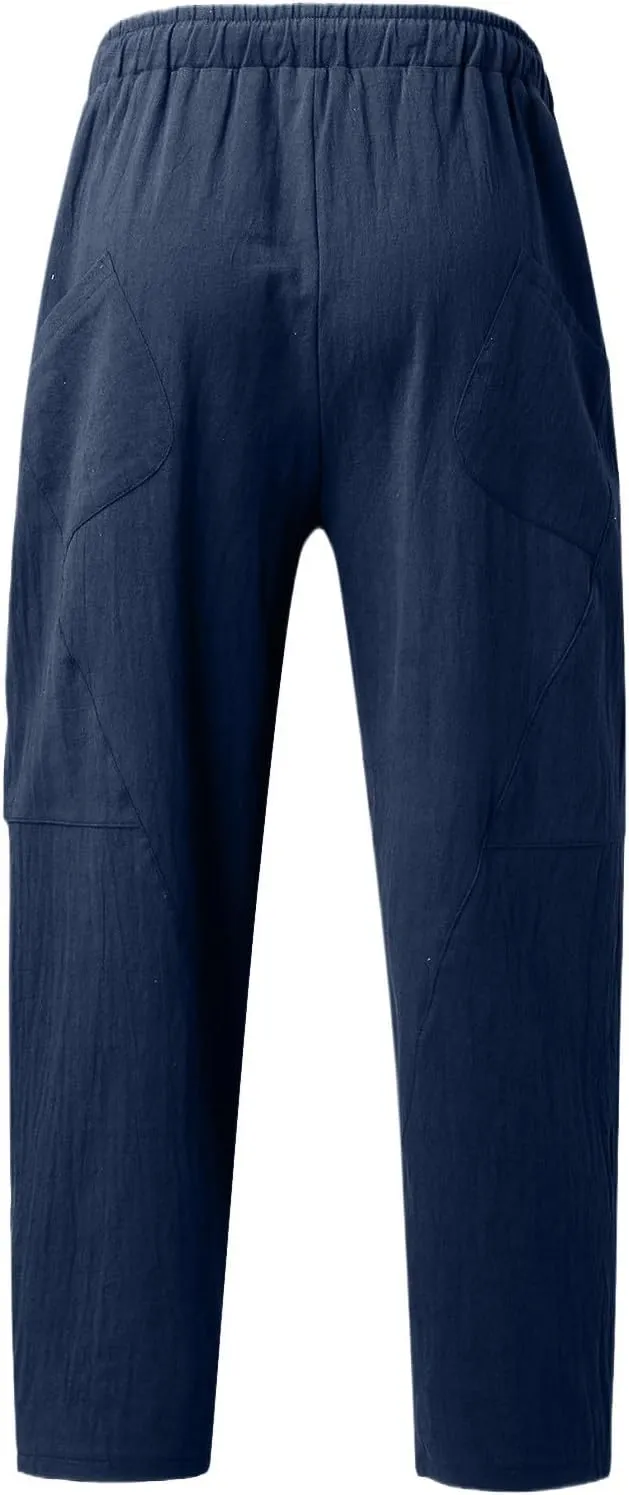 Mens Linen Beach Pants Plus Size Plain Outdoor Casual Pants Vacation Open Bottom Trousers Straight Leg Summer Slacks