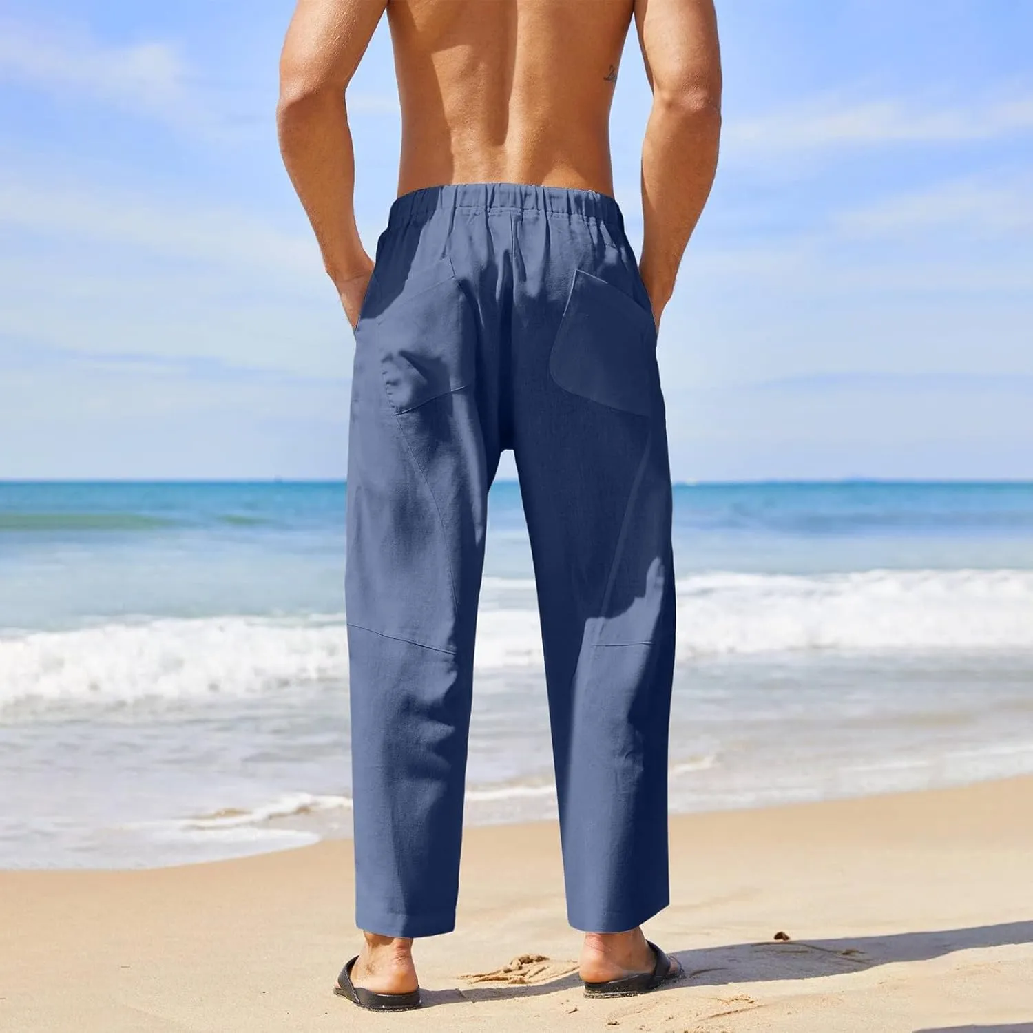 Mens Linen Beach Pants Plus Size Plain Outdoor Casual Pants Vacation Open Bottom Trousers Straight Leg Summer Slacks