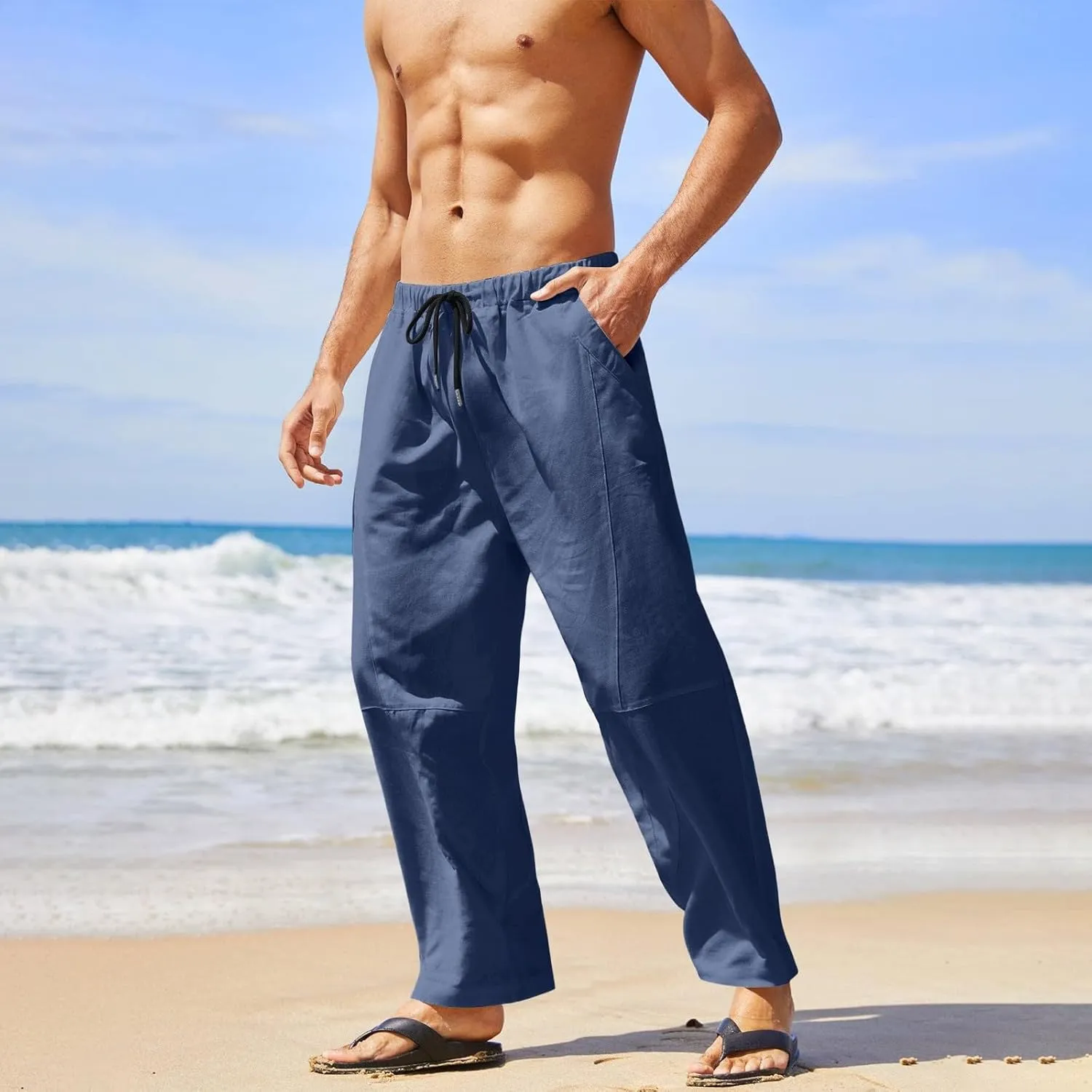 Mens Linen Beach Pants Plus Size Plain Outdoor Casual Pants Vacation Open Bottom Trousers Straight Leg Summer Slacks