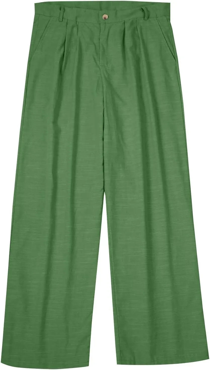 Mens Linen Casual Pants Plain Beach Vacation Pants Elastic Waist Lightweight Loose Pleated Slacks Summer Trousers