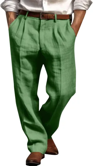 Mens Linen Casual Pants Plain Beach Vacation Pants Elastic Waist Lightweight Loose Pleated Slacks Summer Trousers