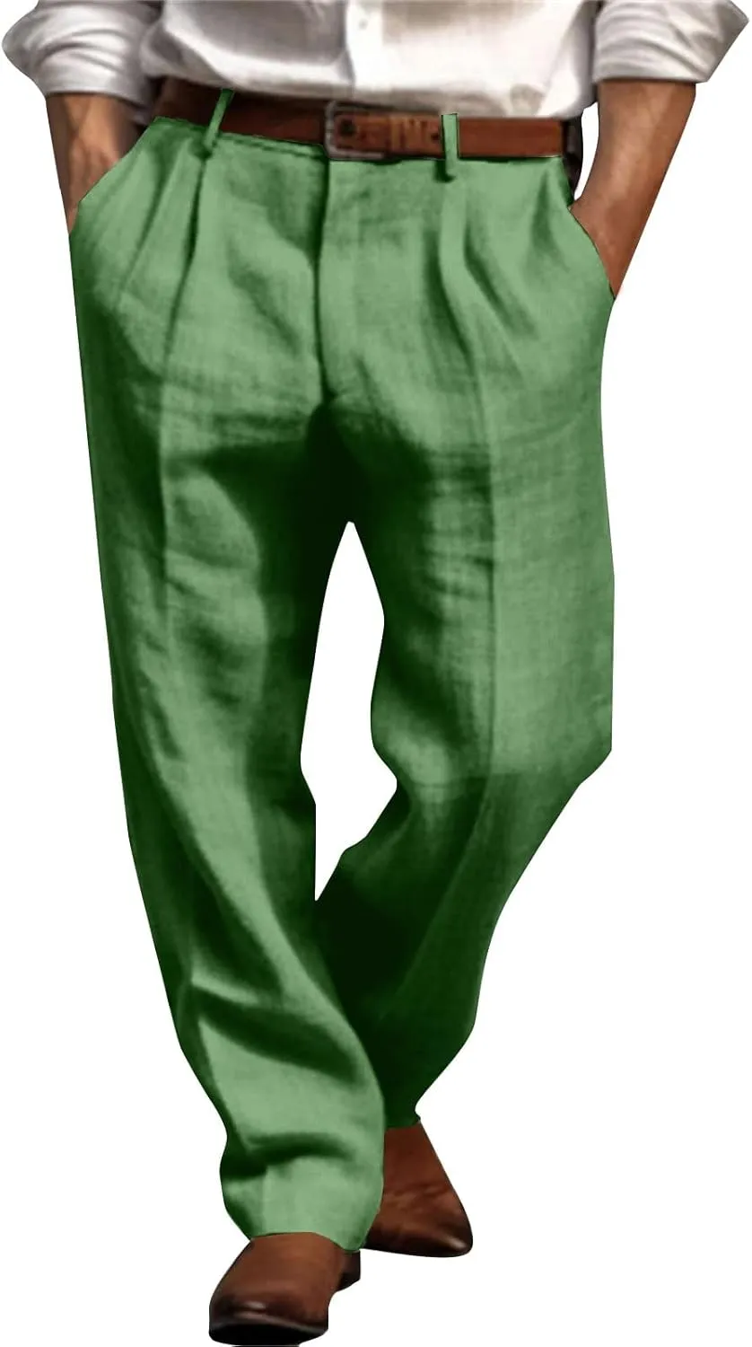 Mens Linen Casual Pants Plain Beach Vacation Pants Elastic Waist Lightweight Loose Pleated Slacks Summer Trousers