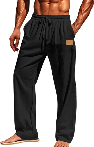 Mens Linen Pants Summer 2025 Loose Fit Work Elastic-Waisted Trendy Pants Travel Relax Fit Comfort Basic Outfits