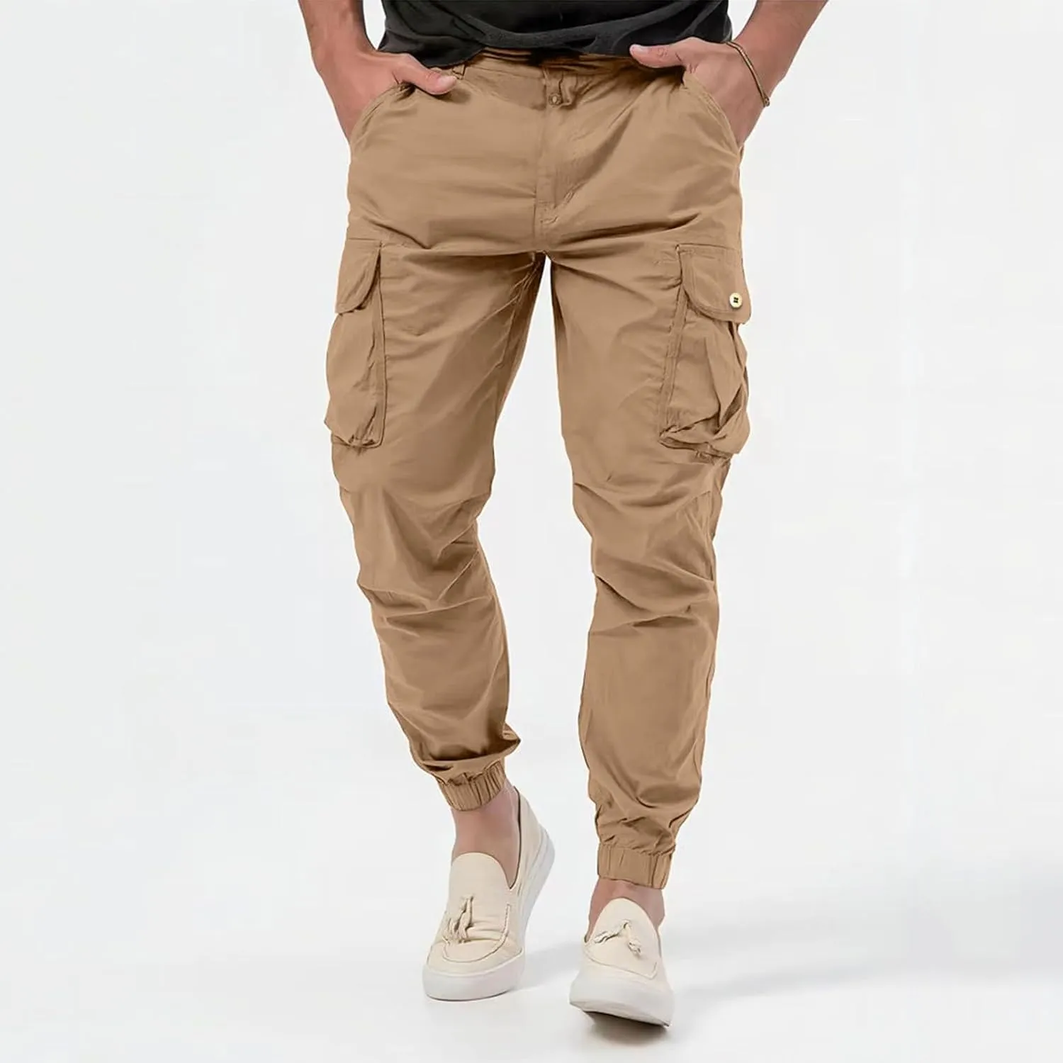 Mens Resort Wear 2025 Polyester Joggers Pant Casual Cargo Pants Drawstring Loose Elastic Waist Baggy Tapered Sweatpants