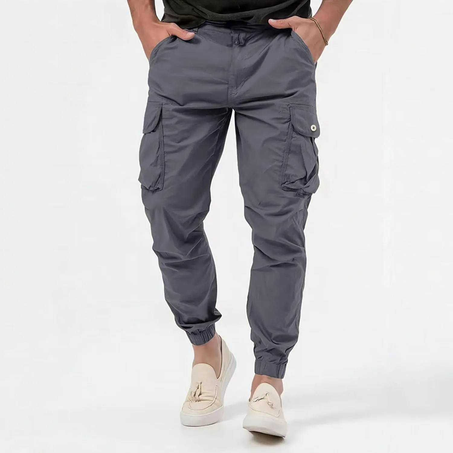 Mens Resort Wear 2025 Polyester Joggers Pant Casual Cargo Pants Drawstring Loose Elastic Waist Baggy Tapered Sweatpants