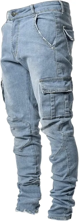 Mens Skinny Cargo Jeans Slim Fit Stretch Casual Fashion Hiphop Jeans Straight Leg Comfort Flex Waist Cargo Denim Pants