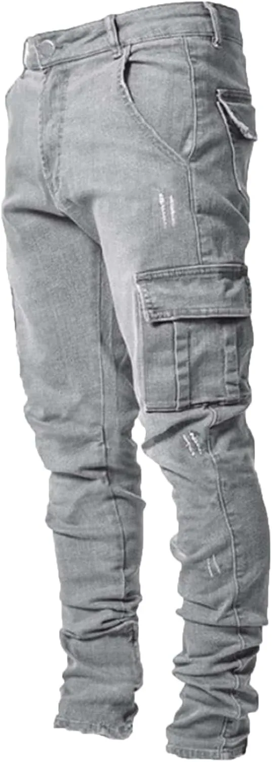 Men's Slim Fit Denim Jeans Casual Fashion Tapered Cargo Jeans Straight Leg Pants Trousers Streetwear Hip Hop Jean