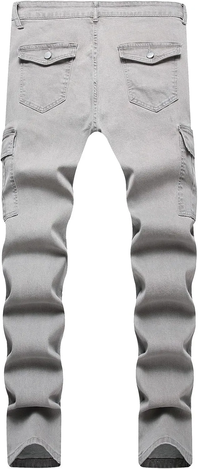 Men's Slim Fit Denim Jeans Casual Fashion Tapered Cargo Jeans Straight Leg Pants Trousers Streetwear Hip Hop Jean