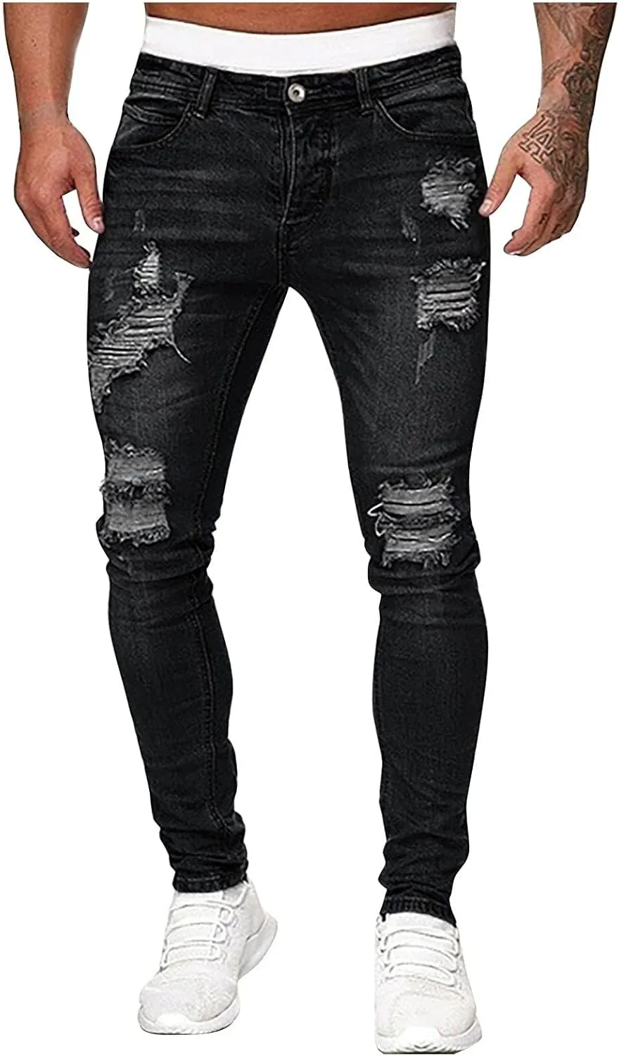Mens Slim Fit Jeans Stretch Destroyed Ripped Skinny Jeans Big and Tall Denim Pencil Pants Fashion Trousers for Men