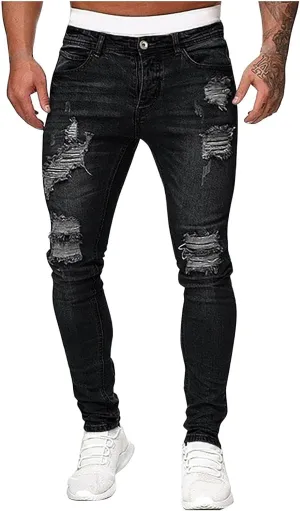Mens Slim Fit Jeans Stretch Destroyed Ripped Skinny Jeans Big and Tall Denim Pencil Pants Fashion Trousers for Men
