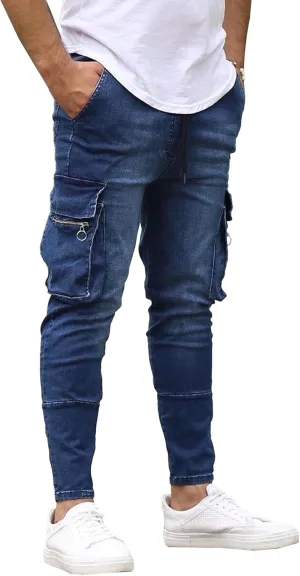 Men's Slim Fit Stretch Biker Jeans Fashion Skinny Cargo Jeans for Men Vintage Distressed Tapered Leg Denim Pants