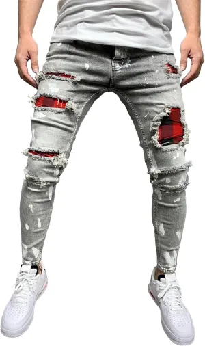 Men's Slim Fit Stretch Biker Jeans Ripped Skinny Tapered Leg Jeans for Men Fashion Vintage Distressed Denim Pants