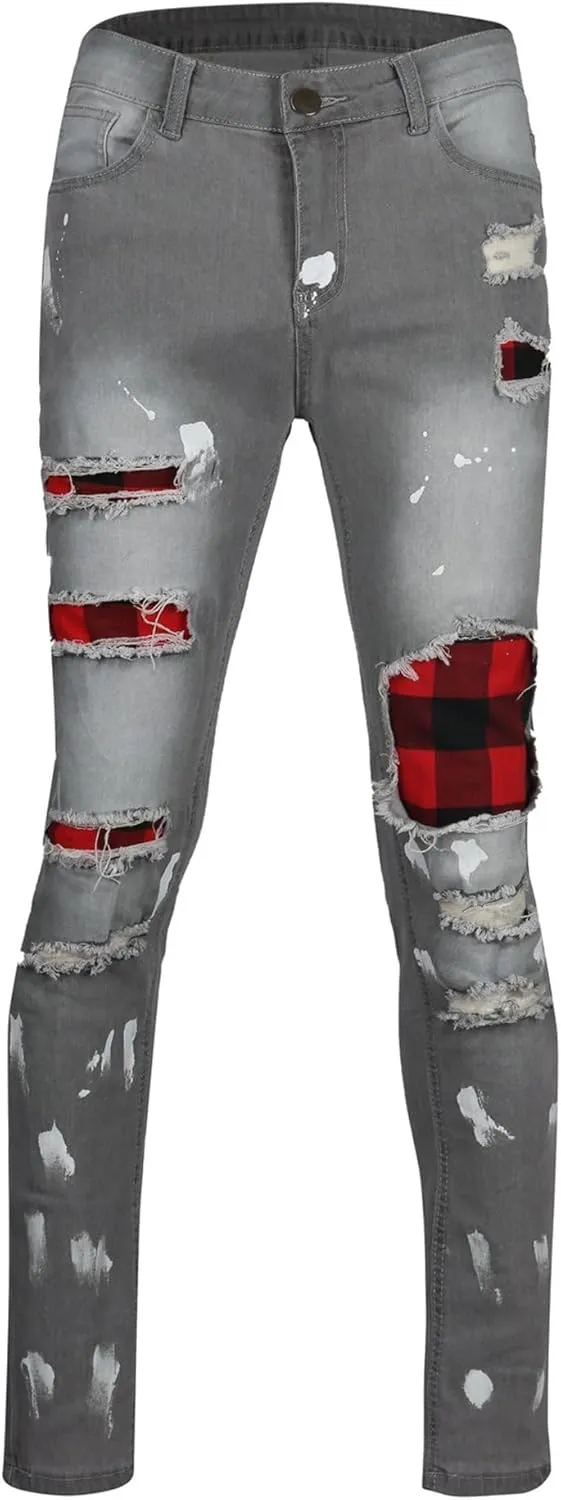 Men's Slim Fit Stretch Biker Jeans Ripped Skinny Tapered Leg Jeans for Men Fashion Vintage Distressed Denim Pants