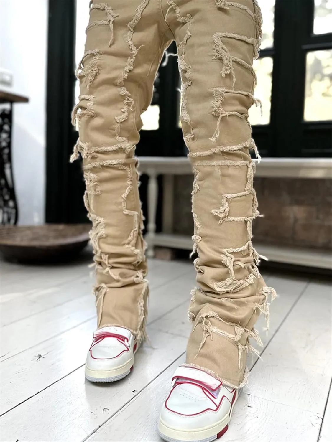 Mens Stacked Jeans Flared Regular Fit Low Stretch Jeans Vintage Denim Pants Straight Leg Jean Fashion Street Wear