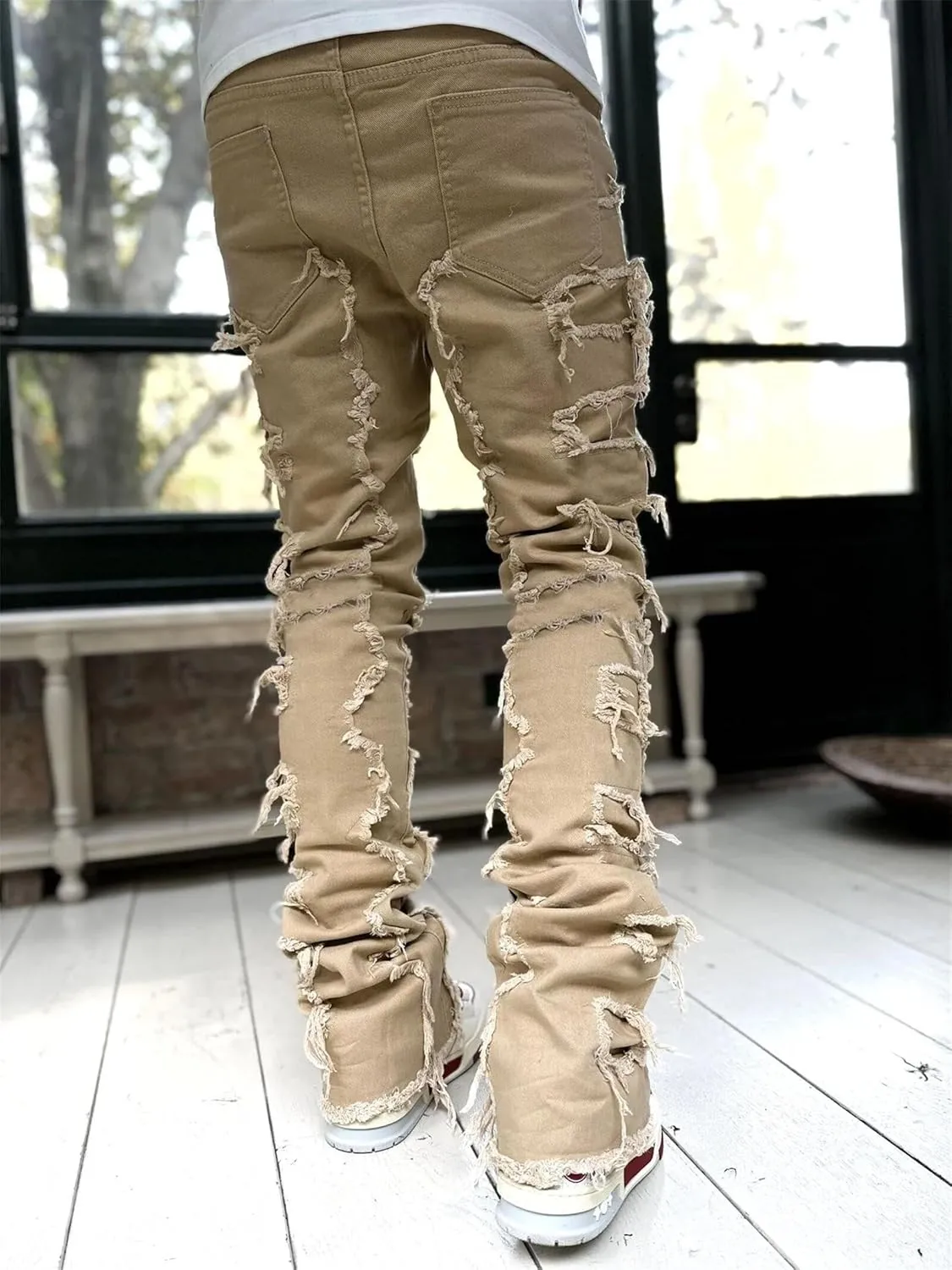 Mens Stacked Jeans Flared Regular Fit Low Stretch Jeans Vintage Denim Pants Straight Leg Jean Fashion Street Wear