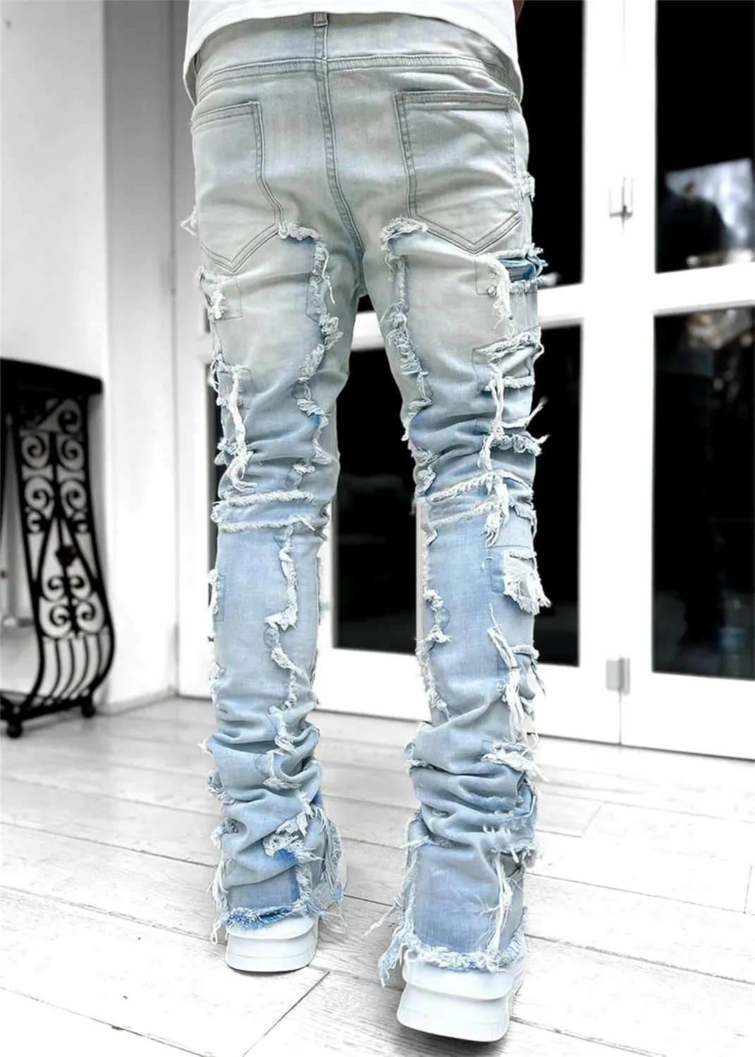 Mens Stacked Jeans Flared Regular Fit Low Stretch Jeans Vintage Denim Pants Straight Leg Jean Fashion Street Wear