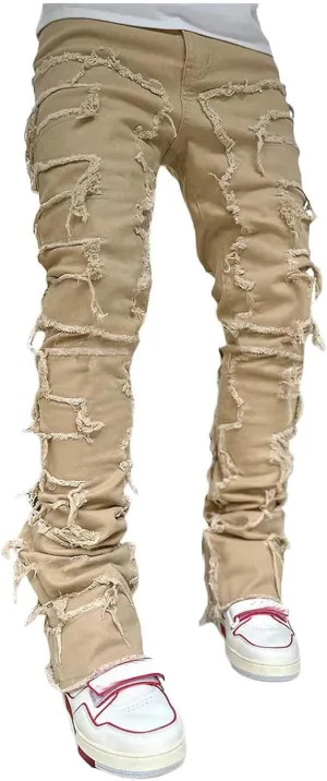 Mens Stacked Jeans Flared Regular Fit Low Stretch Jeans Vintage Denim Pants Straight Leg Jean Fashion Street Wear