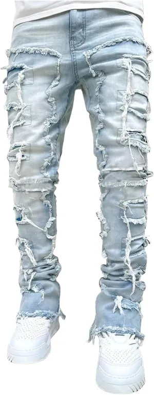 Mens Stacked Jeans Flared Regular Fit Low Stretch Jeans Vintage Denim Pants Straight Leg Jean Fashion Street Wear