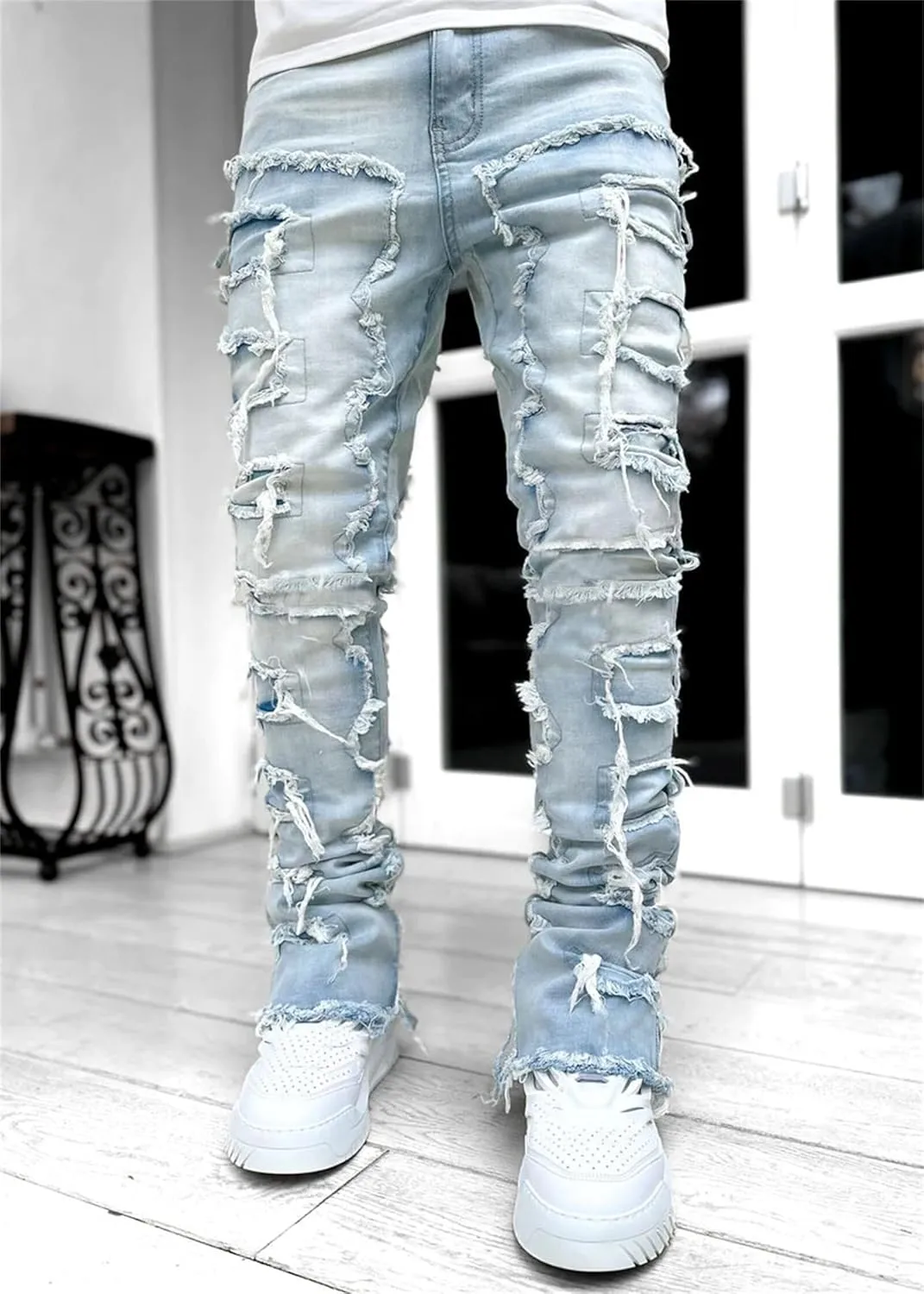 Mens Stacked Jeans Flared Regular Fit Low Stretch Jeans Vintage Denim Pants Straight Leg Jean Fashion Street Wear