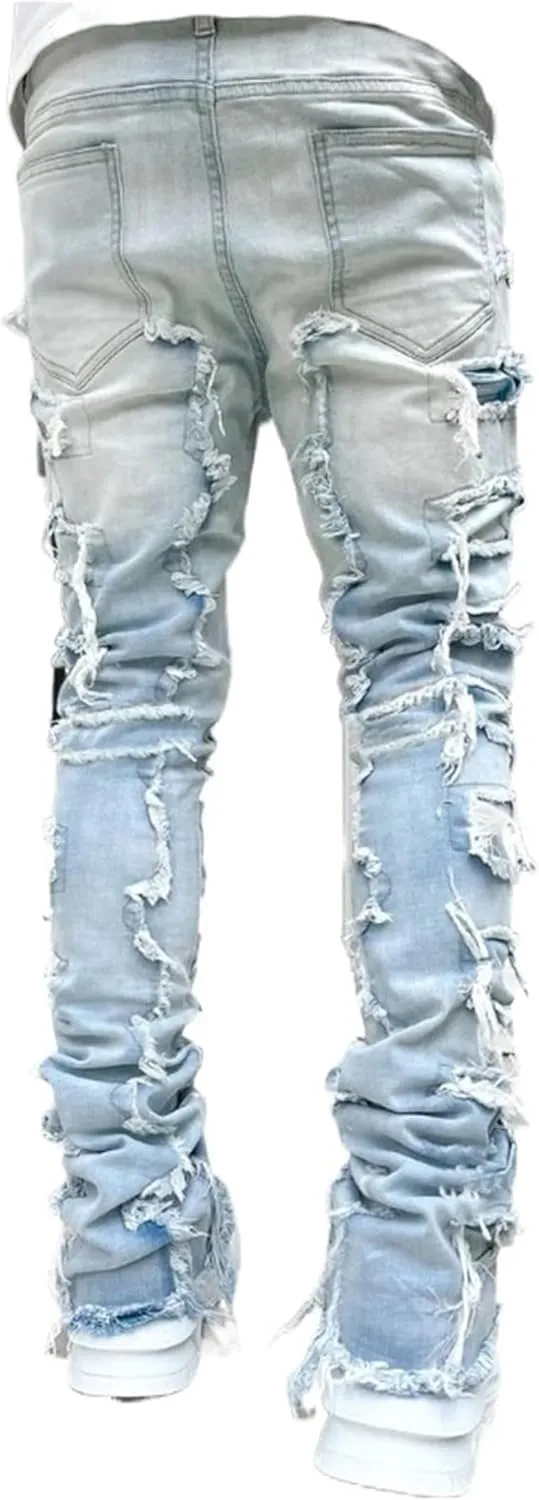 Mens Stacked Jeans Slim Fit Ripped Destroyed Straight Leg Denim Pants for Harajuku or Hip Hop Streetwear