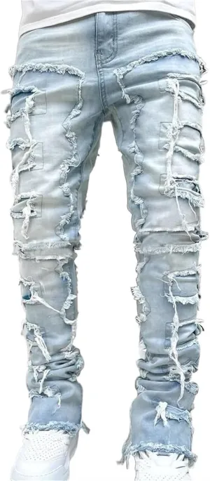 Mens Stacked Jeans Slim Fit Ripped Destroyed Straight Leg Denim Pants for Harajuku or Hip Hop Streetwear