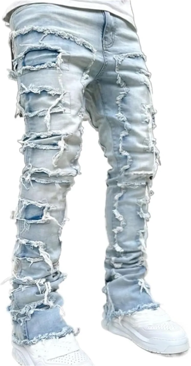 Mens Stacked Jeans Slim Fit Ripped Destroyed Straight Leg Denim Pants for Harajuku or Hip Hop Streetwear