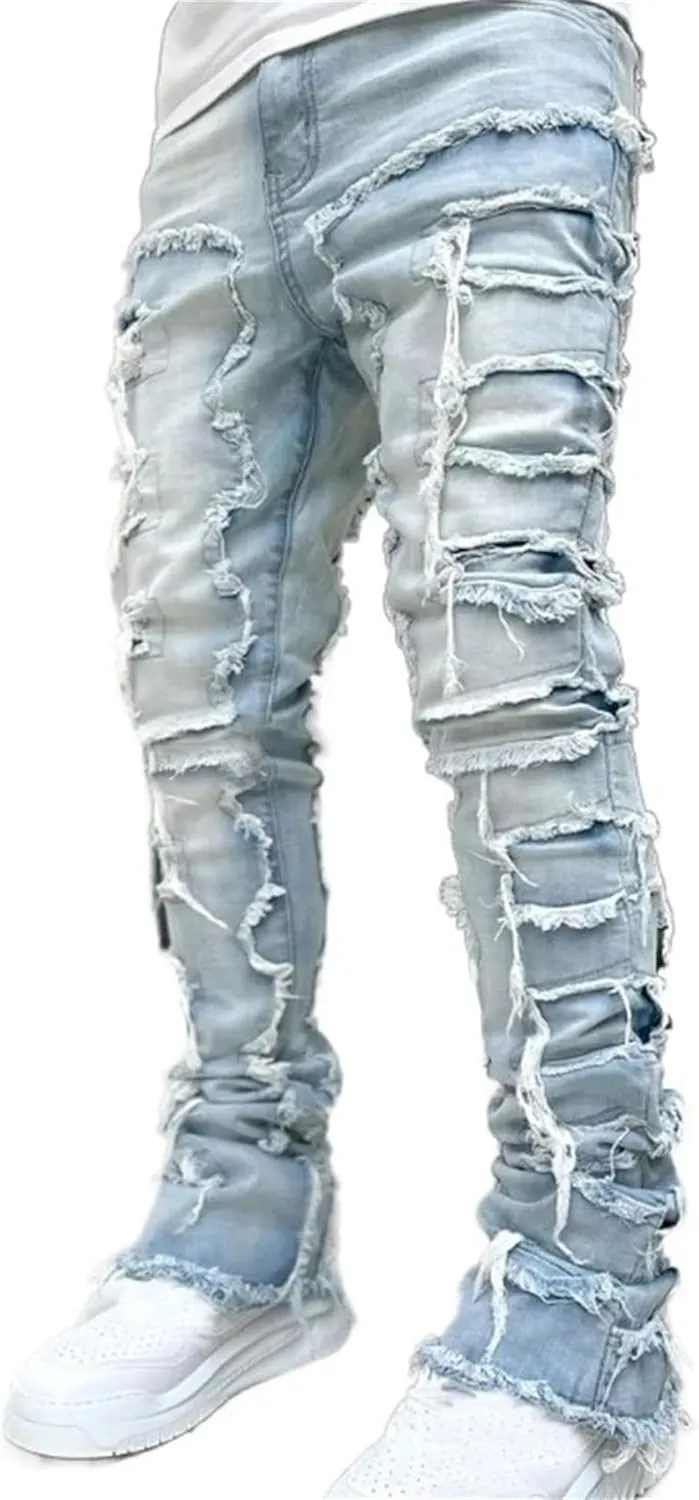 Mens Stacked Jeans Slim Fit Ripped Destroyed Straight Leg Denim Pants for Harajuku or Hip Hop Streetwear