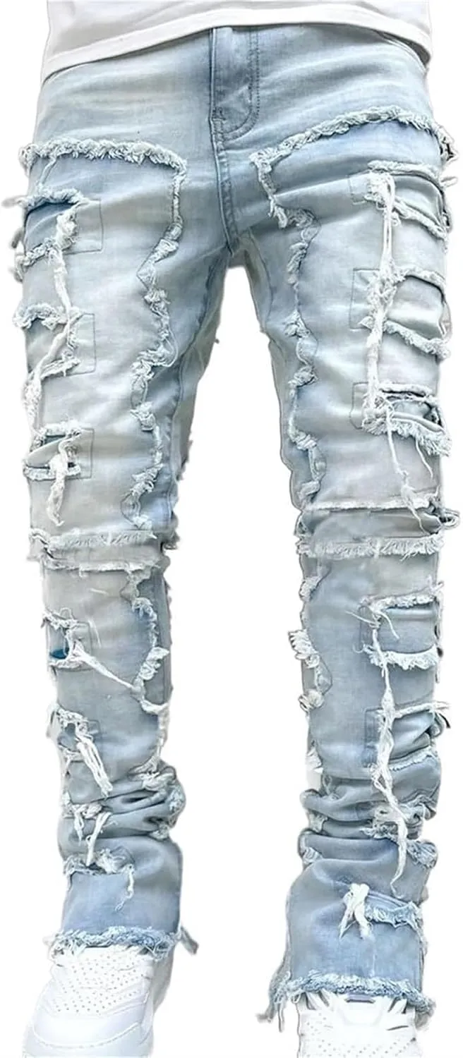 Mens Stacked Jeans Slim Fit Ripped Destroyed Straight Leg Denim Pants for Harajuku or Hip Hop Streetwear