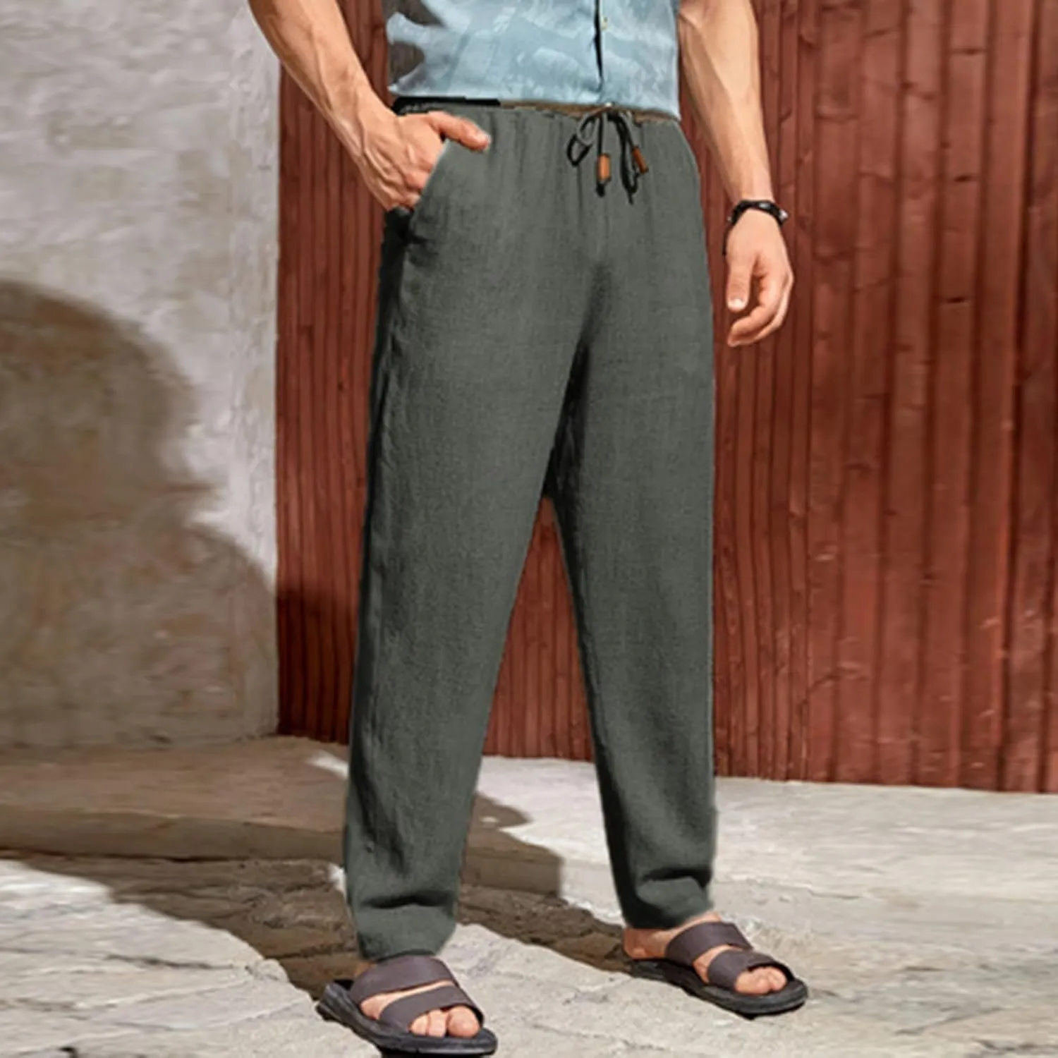 Men's Summer Beach Linen Pants Lightweight Casual Vacation Slacks Elastic Waist Drawstring Yoga Trousers with Pockets