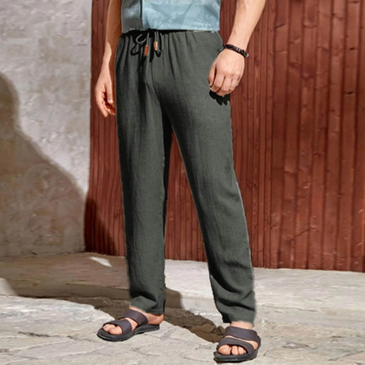 Men's Summer Beach Linen Pants Lightweight Casual Vacation Slacks Elastic Waist Drawstring Yoga Trousers with Pockets