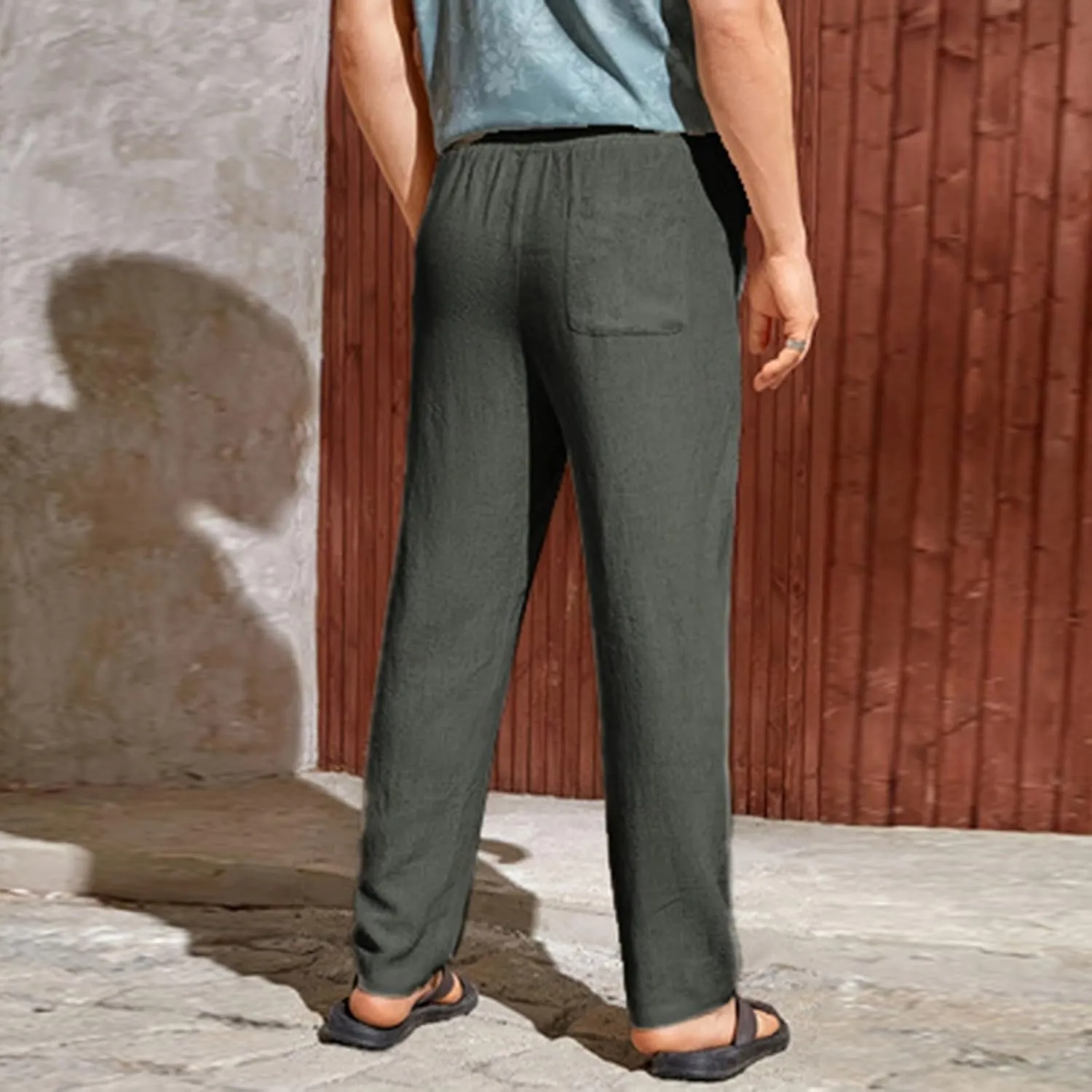 Men's Summer Beach Linen Pants Lightweight Casual Vacation Slacks Elastic Waist Drawstring Yoga Trousers with Pockets