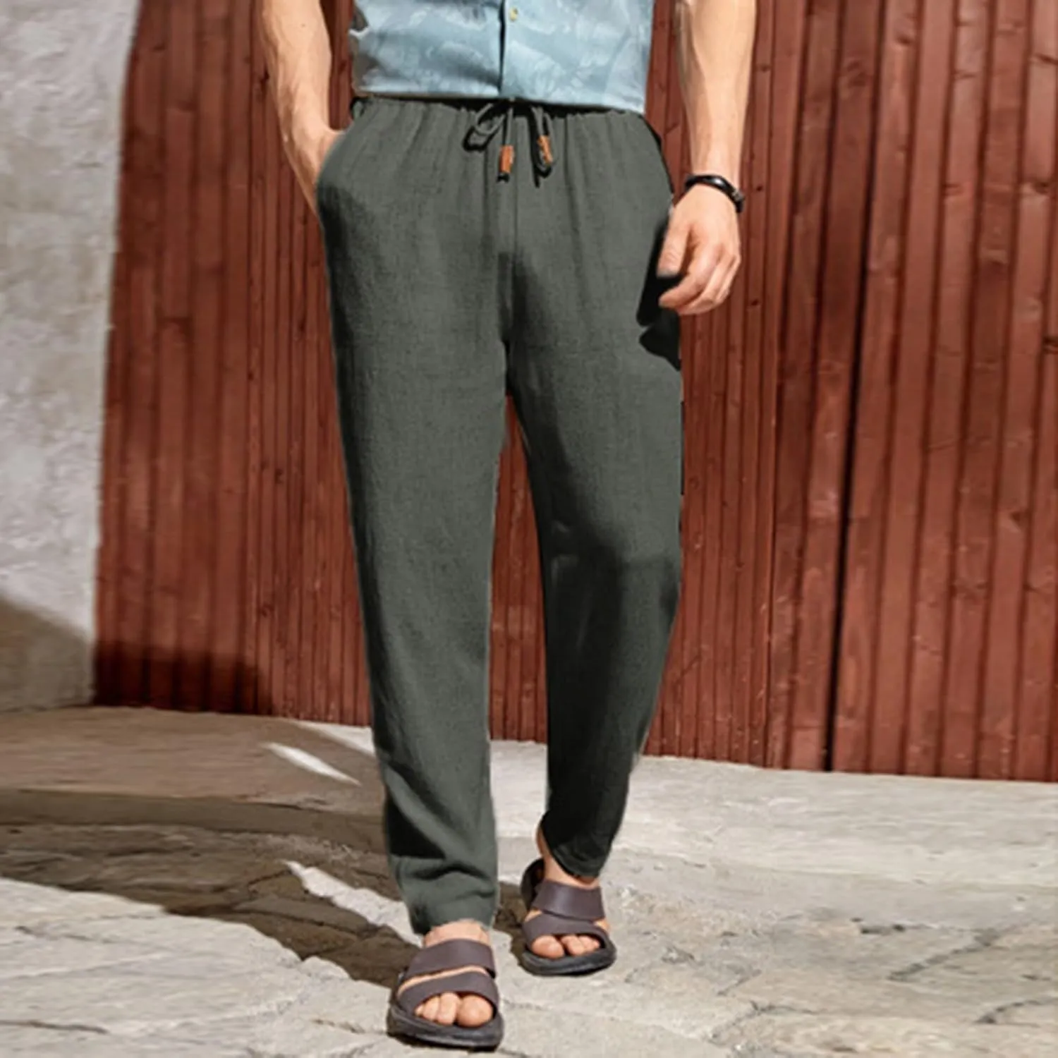 Men's Summer Beach Linen Pants Lightweight Casual Vacation Slacks Elastic Waist Drawstring Yoga Trousers with Pockets
