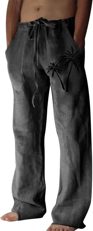 Mens Summer Cotton Linen Pants Coconut Tree Printed Straight Leg Hawaiian Pants Elastic Waist Vintage Yoga Trousers
